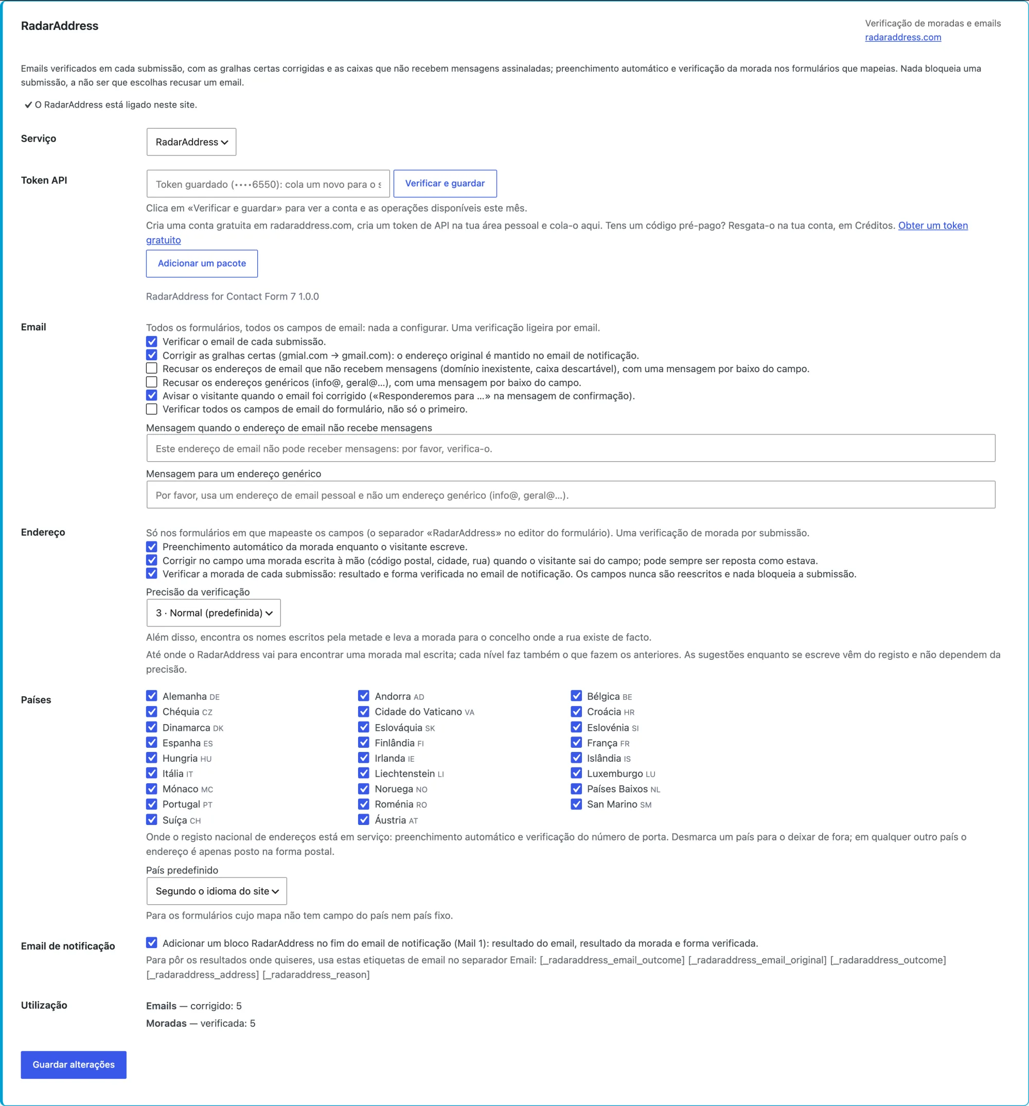 As definições do plugin