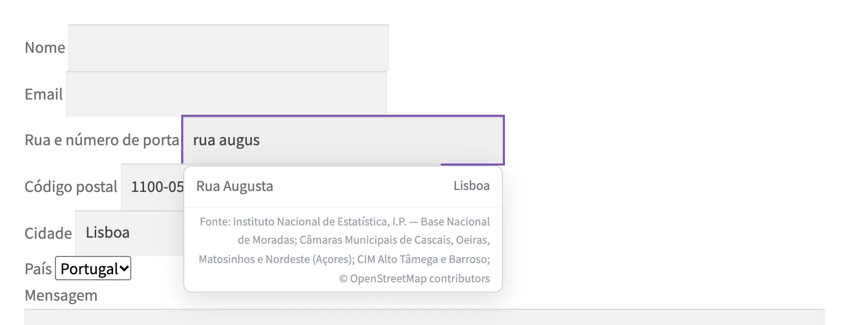 A lista de sugestões do preenchimento automático no formulário do Contact Form 7