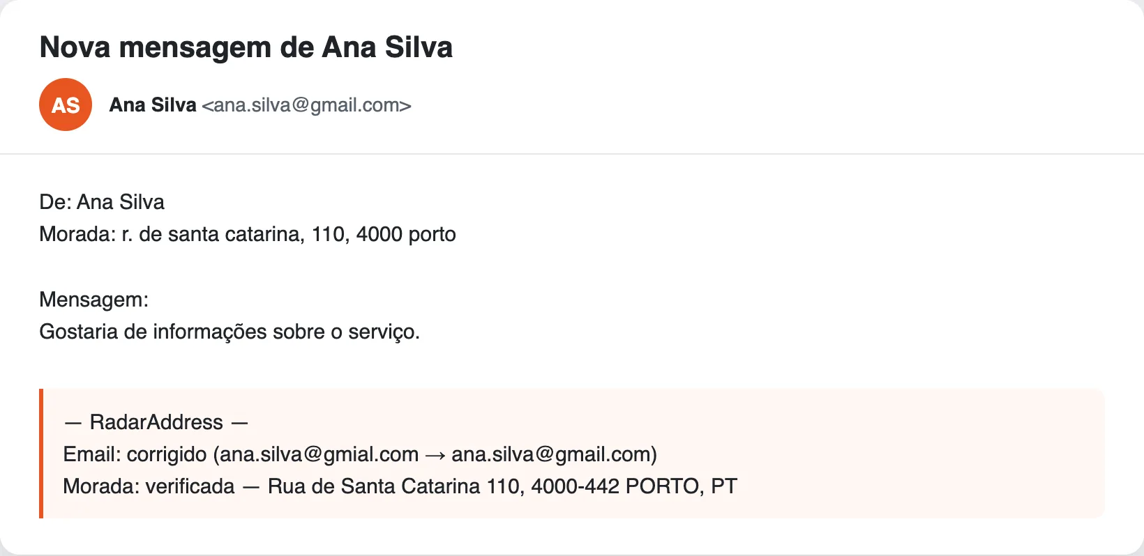 O email de notificação do Contact Form 7 com o bloco RadarAddress: email corrigido, morada verificada