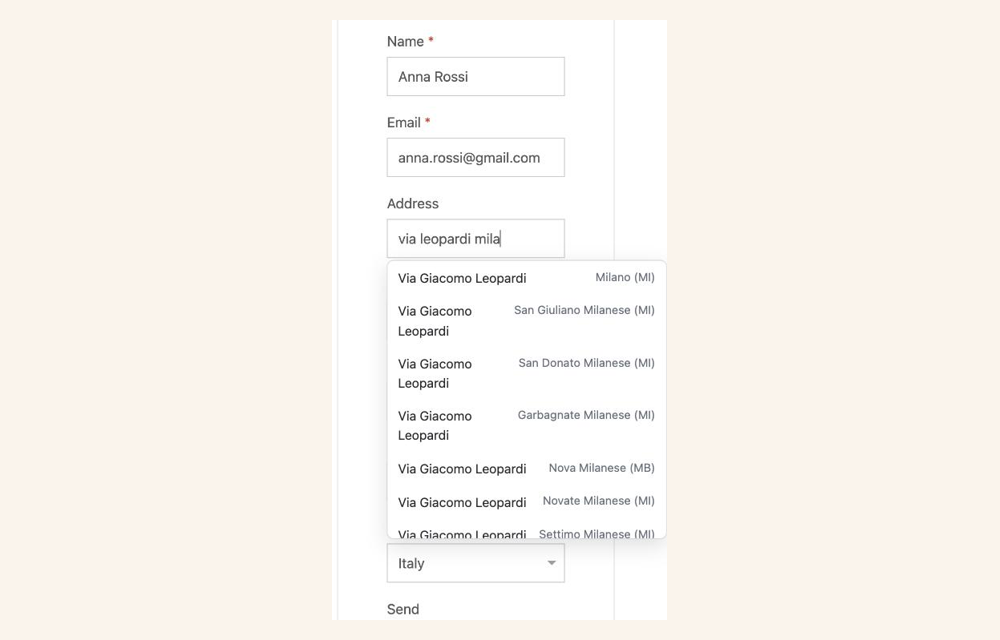 Um formulário do Convert Forms com a morada a completar-se enquanto se escreve