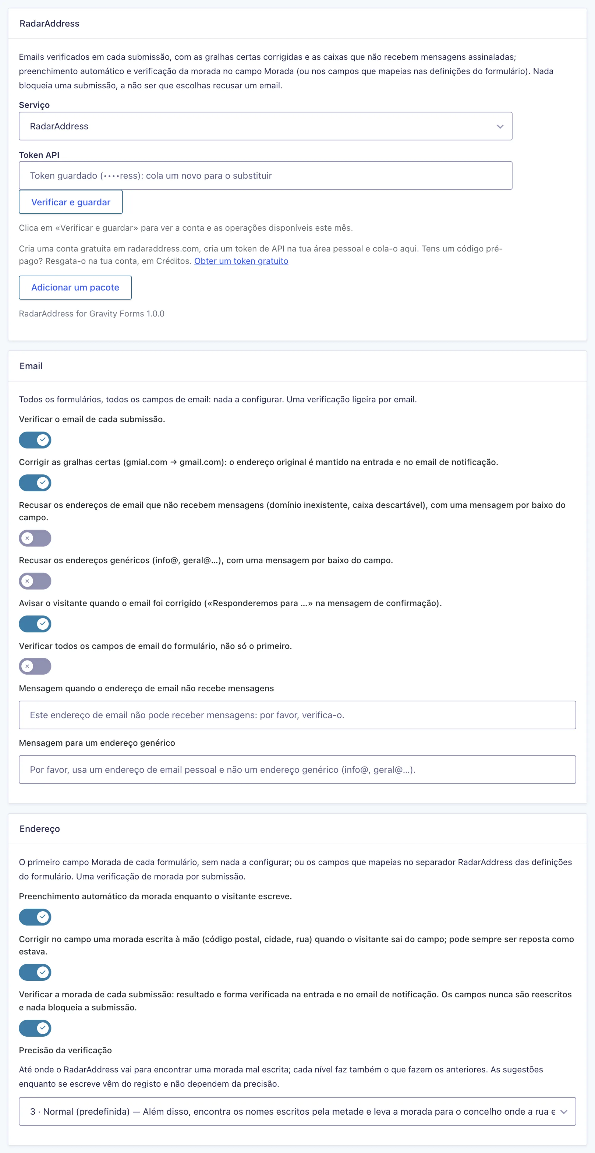 As definições do plugin