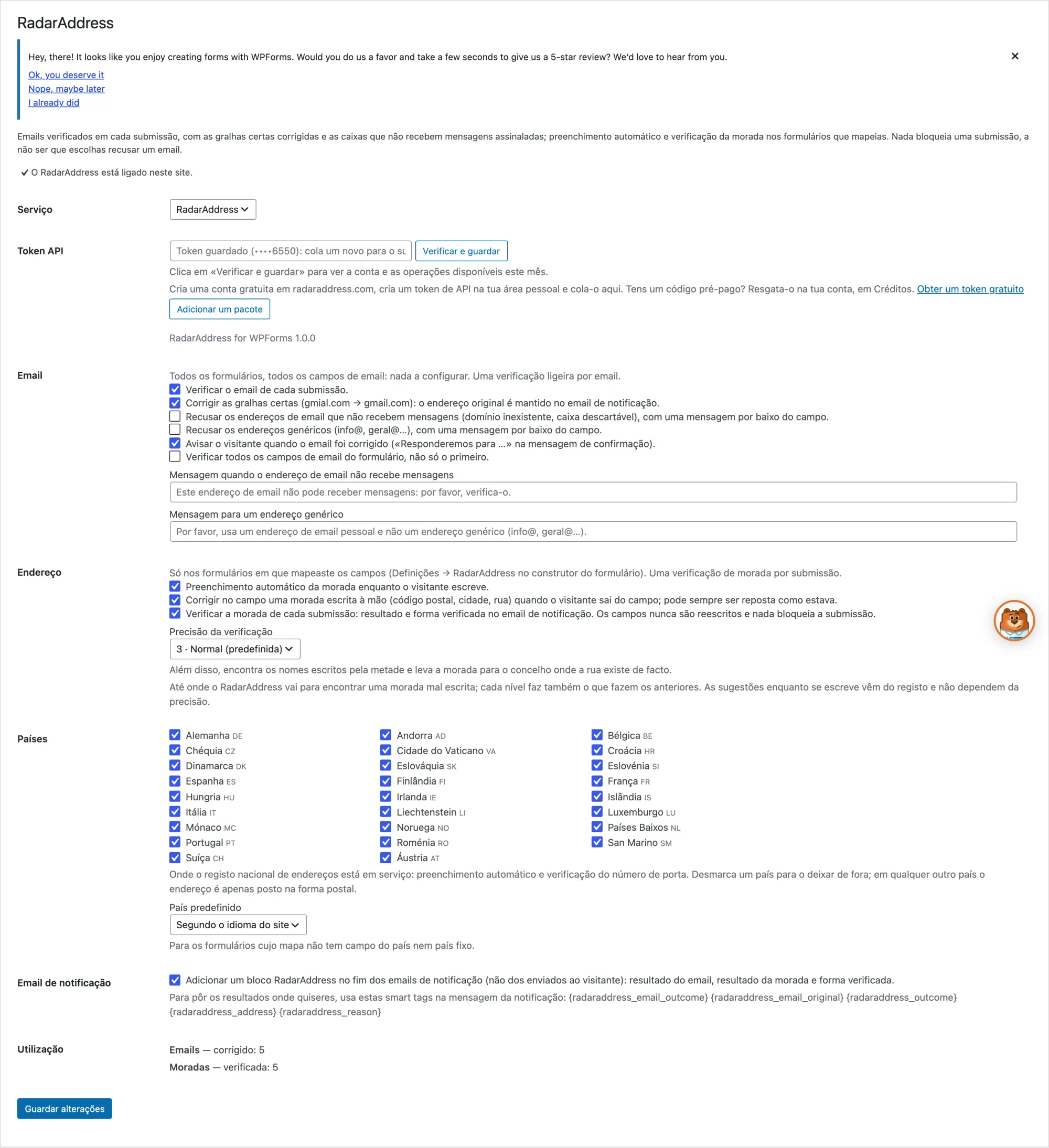 As definições do plugin