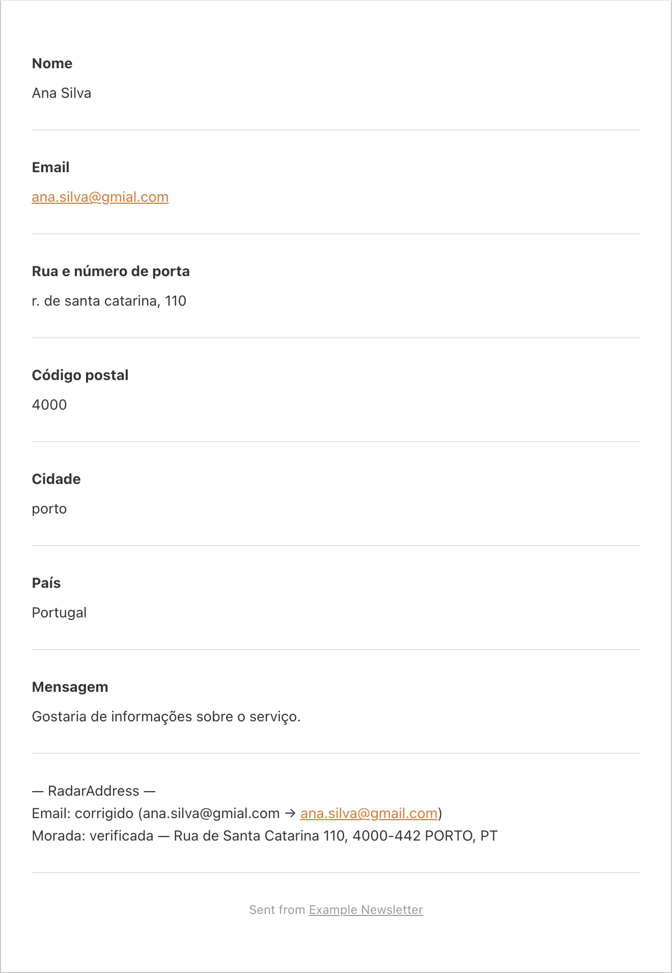 O email de notificação do WPForms com o bloco RadarAddress: email corrigido, morada verificada