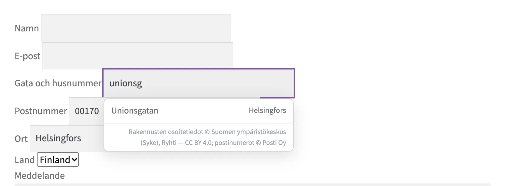 Popup-fönstret för automatisk komplettering i Contact Form 7-formuläret