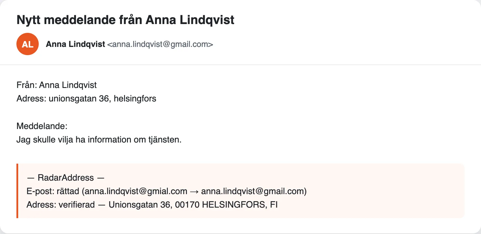Aviseringsmejlet från Contact Form 7 med RadarAddress-blocket: e-postadress rättad, adress verifierad