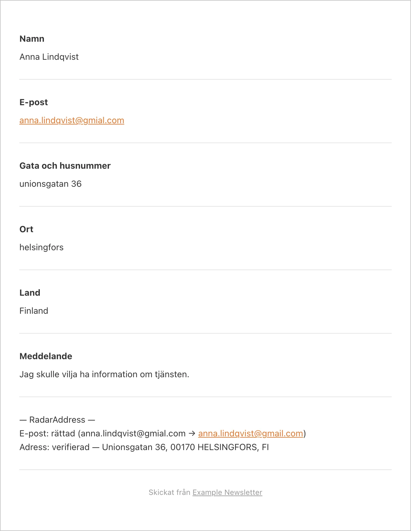 Aviseringsmejlet från WPForms med RadarAddress-blocket: e-postadress rättad, adress verifierad